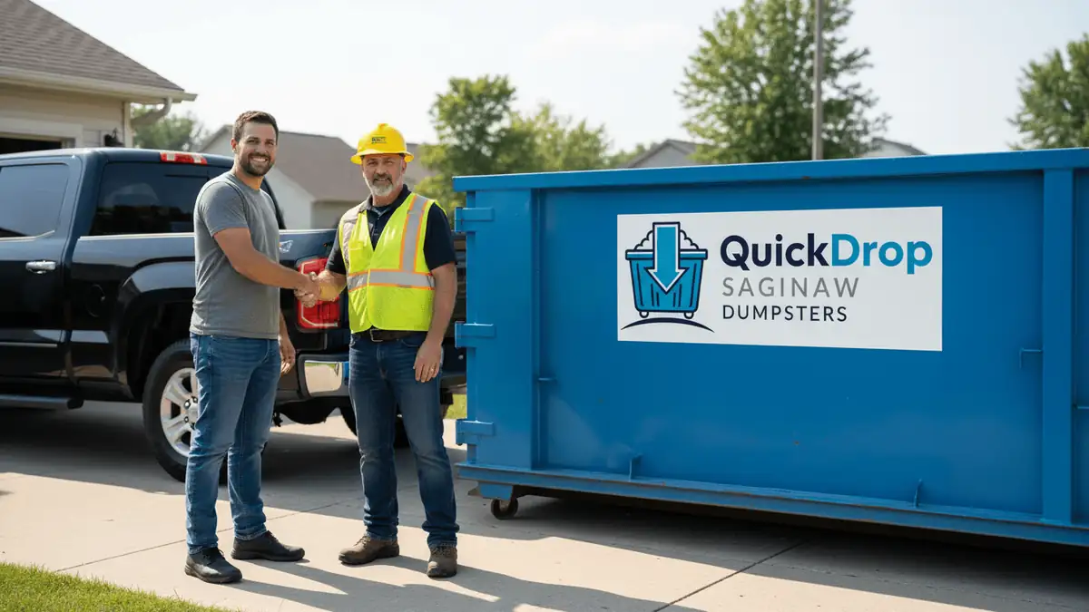 A customer shaking hands with a Quick Drop Saginaw Dumpsters crew member beside a roll-off container
