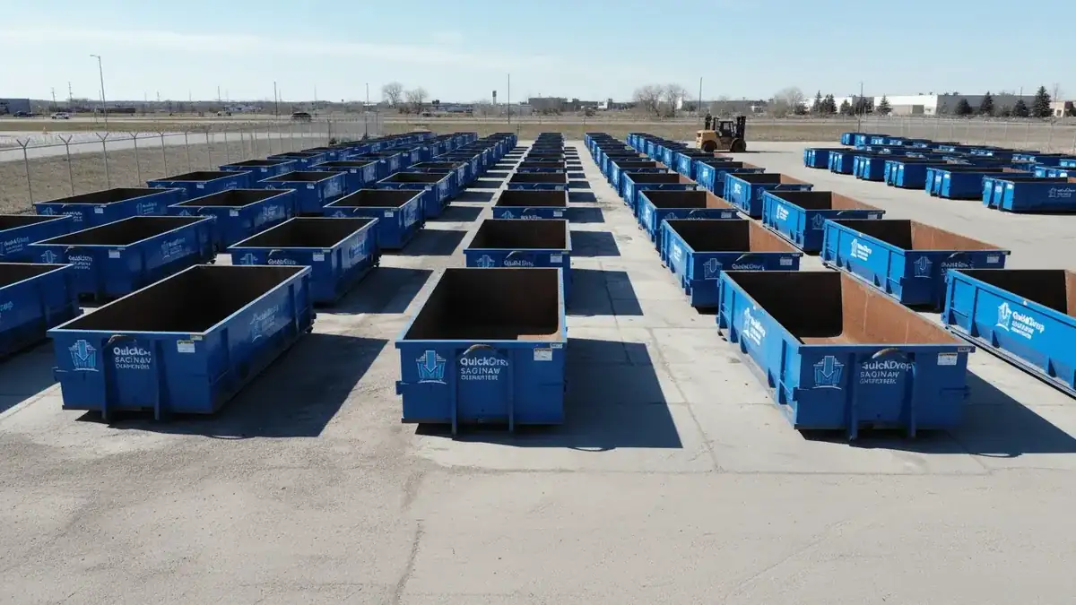 Serving Saginaw, Bay City and Midland Rows of Quick Drop Saginaw Dumpsters roll-off containers lined up in the yard