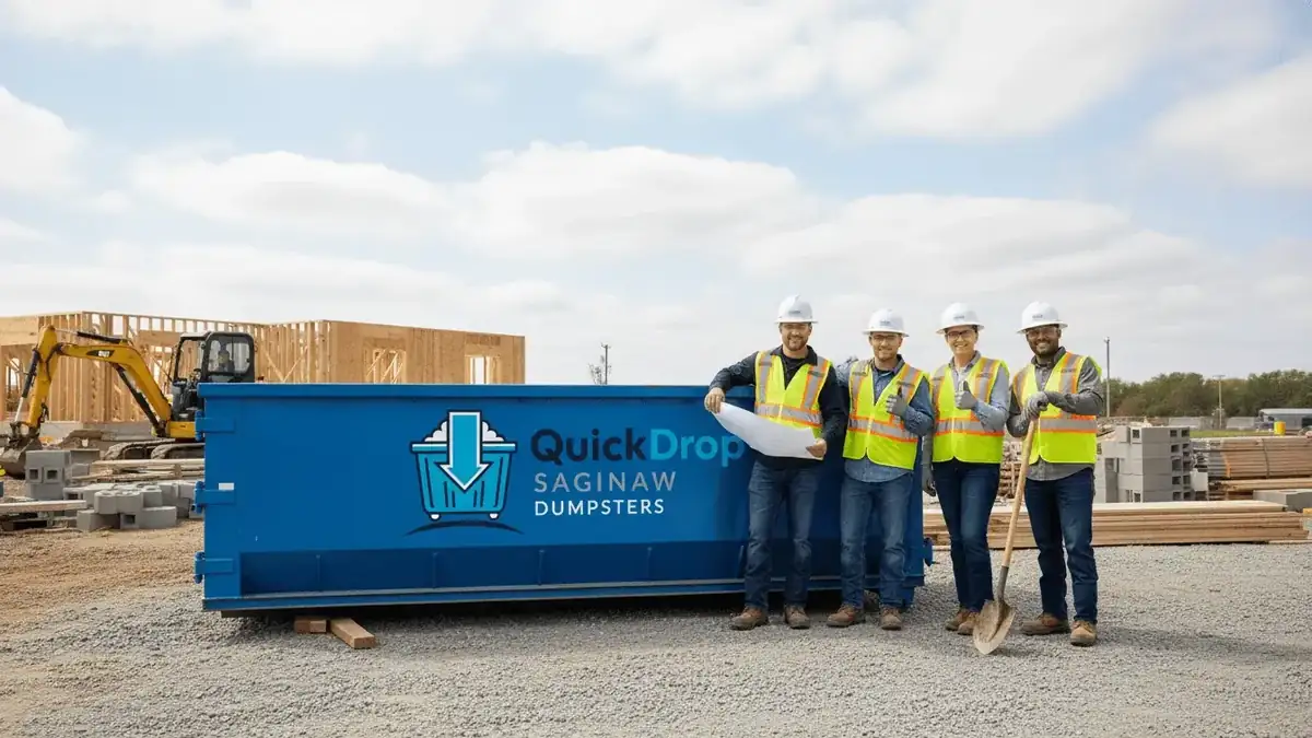 Quick Drop Saginaw Dumpsters crew members in hard hats and hi-vis vests beside a roll-off container on a building site