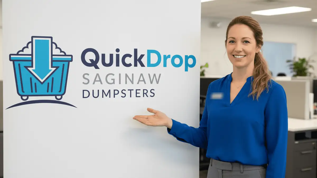 A Quick Drop Saginaw Dumpsters customer-care team member beside the company logo