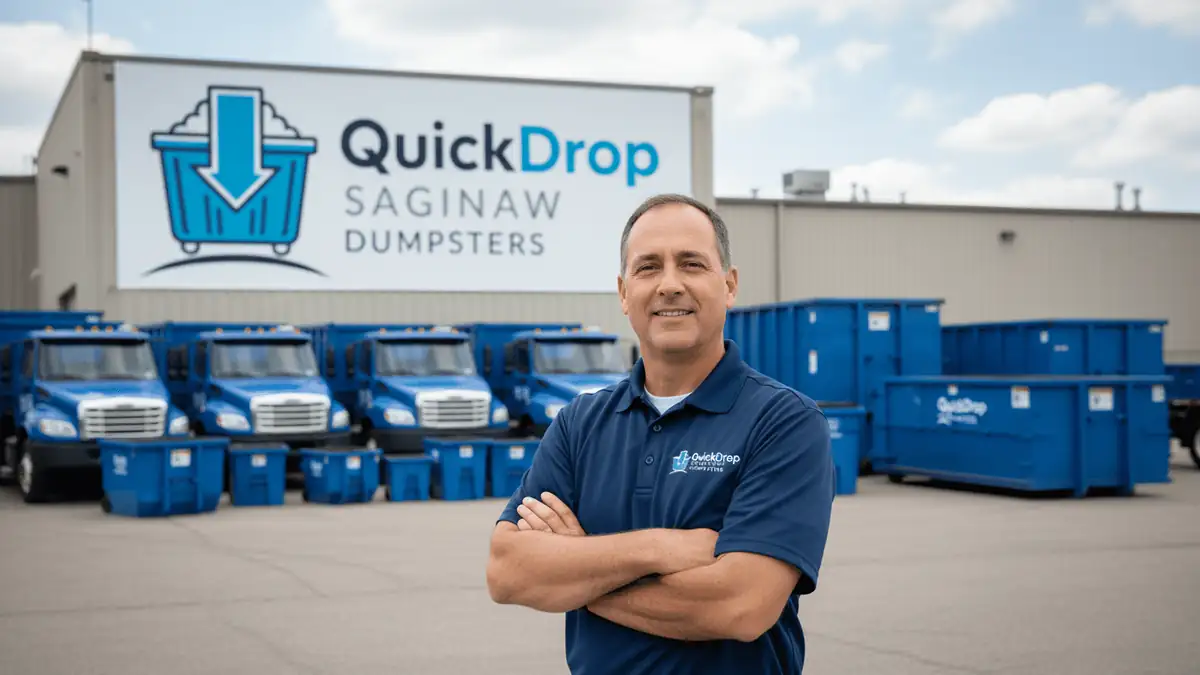 A Quick Drop Saginaw Dumpsters team member in a company polo in front of the trucks