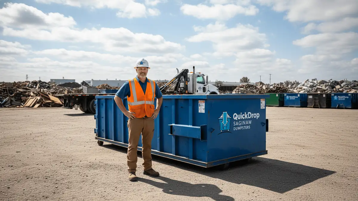 A Quick Drop Saginaw Dumpsters crew member in a hard hat and hi-vis vest beside a container in the yard