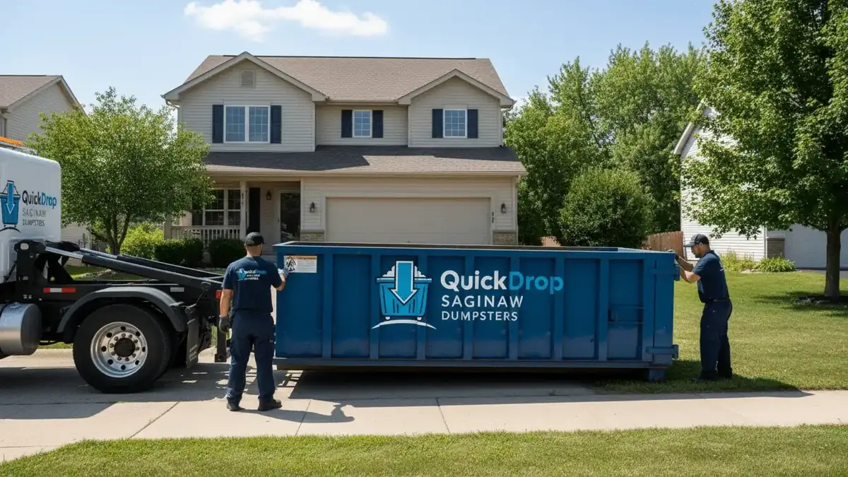 A Quick Drop Saginaw Dumpsters truck setting a roll-off container down at a house
