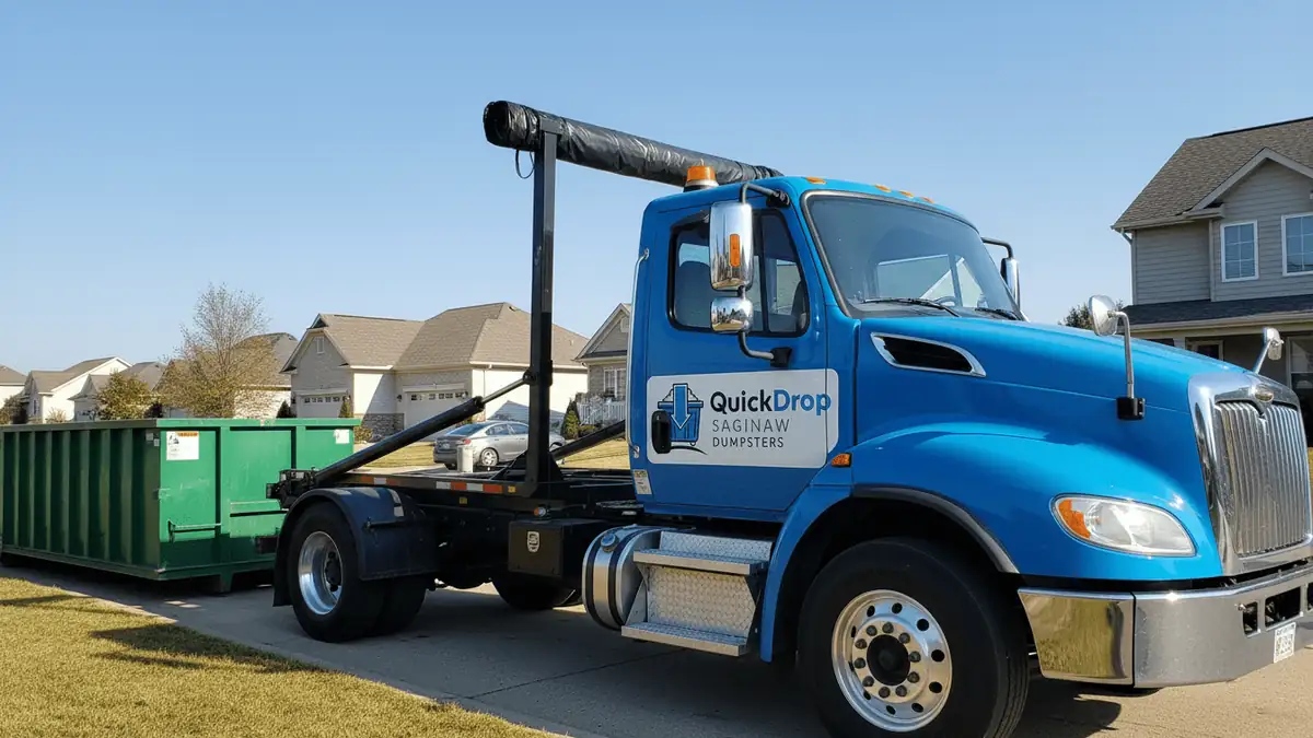 A Quick Drop Saginaw Dumpsters roll-off truck tilting a container down at a house